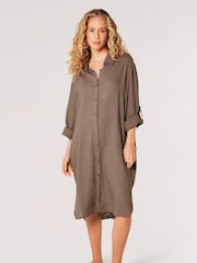 Apricot Green Oversized Linen Blend Shirt Mini Dress - Image 1 of 5