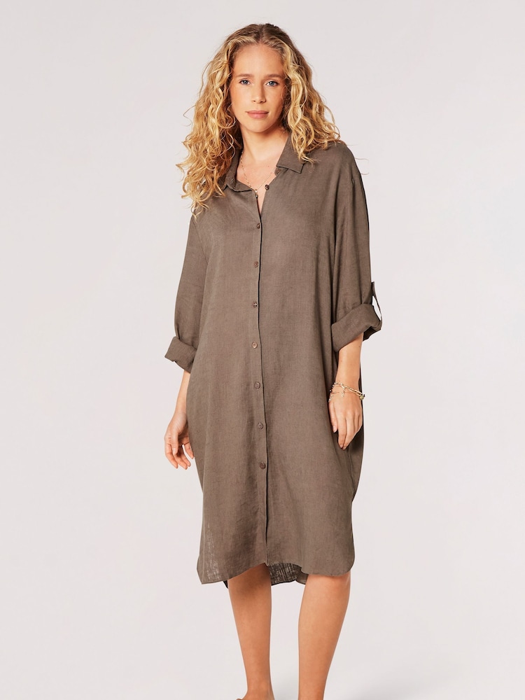 Apricot Green Oversized Linen Blend Shirt Mini Dress - Image 1 of 5