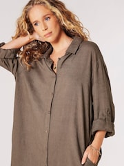 Apricot Green Oversized Linen Blend Shirt Mini Dress - Image 2 of 5