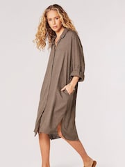 Apricot Green Oversized Linen Blend Shirt Mini Dress - Image 5 of 5