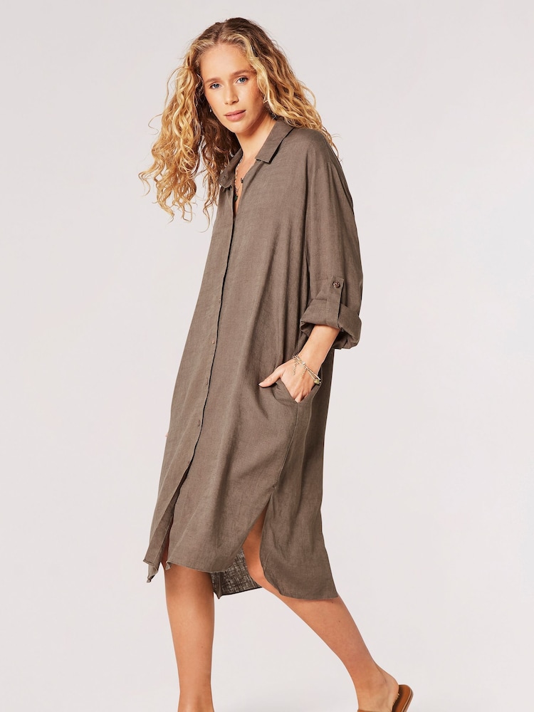 Apricot Green Oversized Linen Blend Shirt Mini Dress - Image 5 of 5