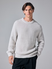 Ecru White Crew Neck Regular Fit Rib Texture Jumper with Wool - Image 1 of 7