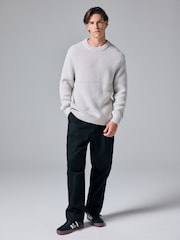 Ecru White Crew Neck Regular Fit Rib Texture Jumper with Wool - Image 2 of 7