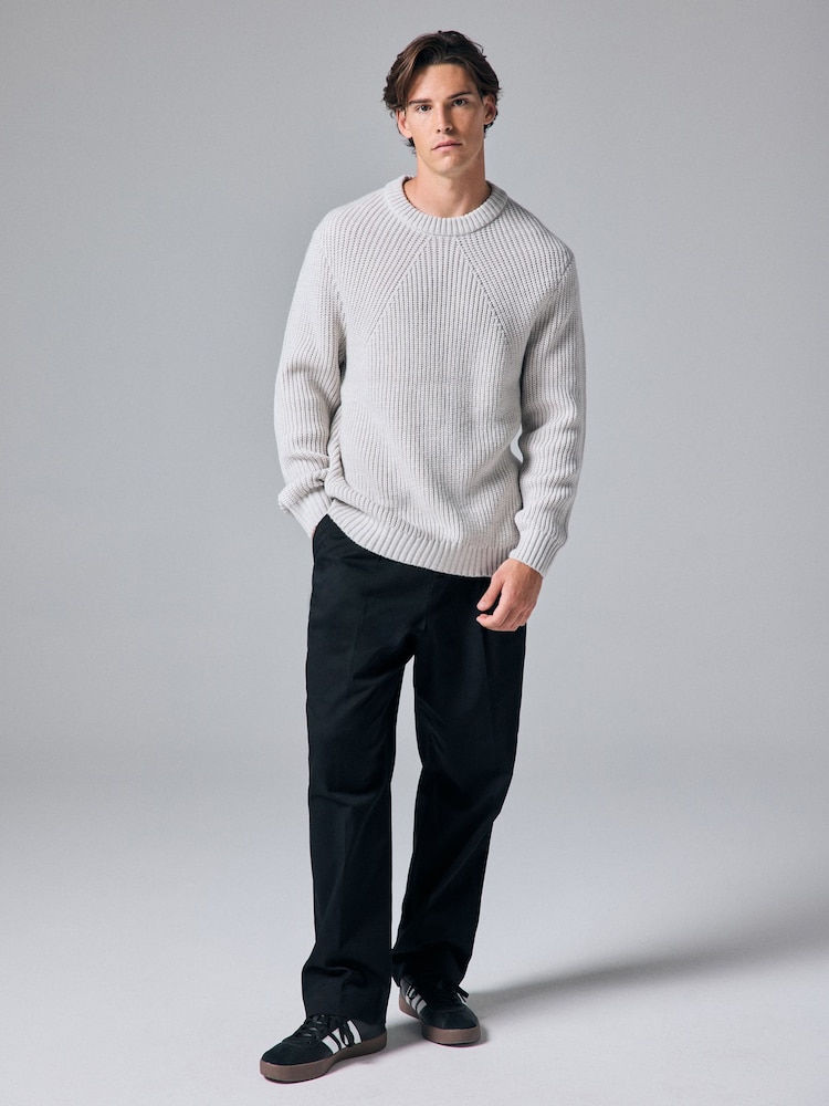 Ecru White Crew Neck Regular Fit Rib Texture Jumper with Wool - Image 2 of 7