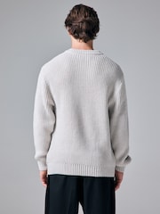 Ecru White Crew Neck Regular Fit Rib Texture Jumper with Wool - Image 3 of 7