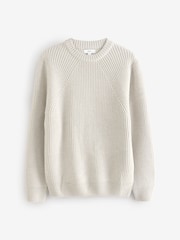 Ecru White Crew Neck Regular Fit Rib Texture Jumper with Wool - Image 5 of 7