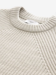 Ecru White Crew Neck Regular Fit Rib Texture Jumper with Wool - Image 6 of 7