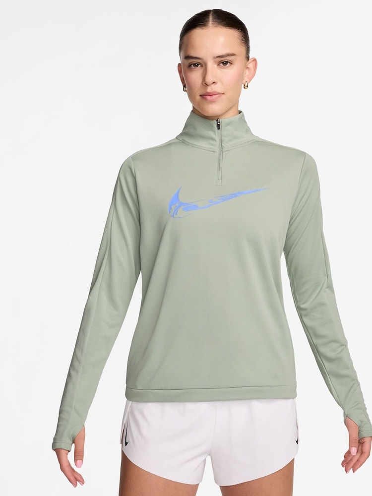 Nike Light Green Swoosh Half Zip Long Sleeve Running Top - Image 1 of 4 Nike Light Green Swoosh Half Zip Long Sleeve Running Top - Image 1 of 4