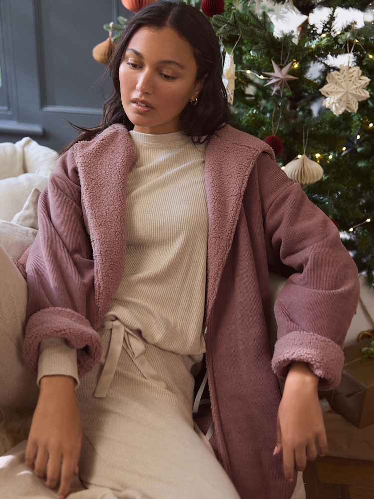 Pink - Cord Dressing Gown with Borg Lining - Bild 1 von 8