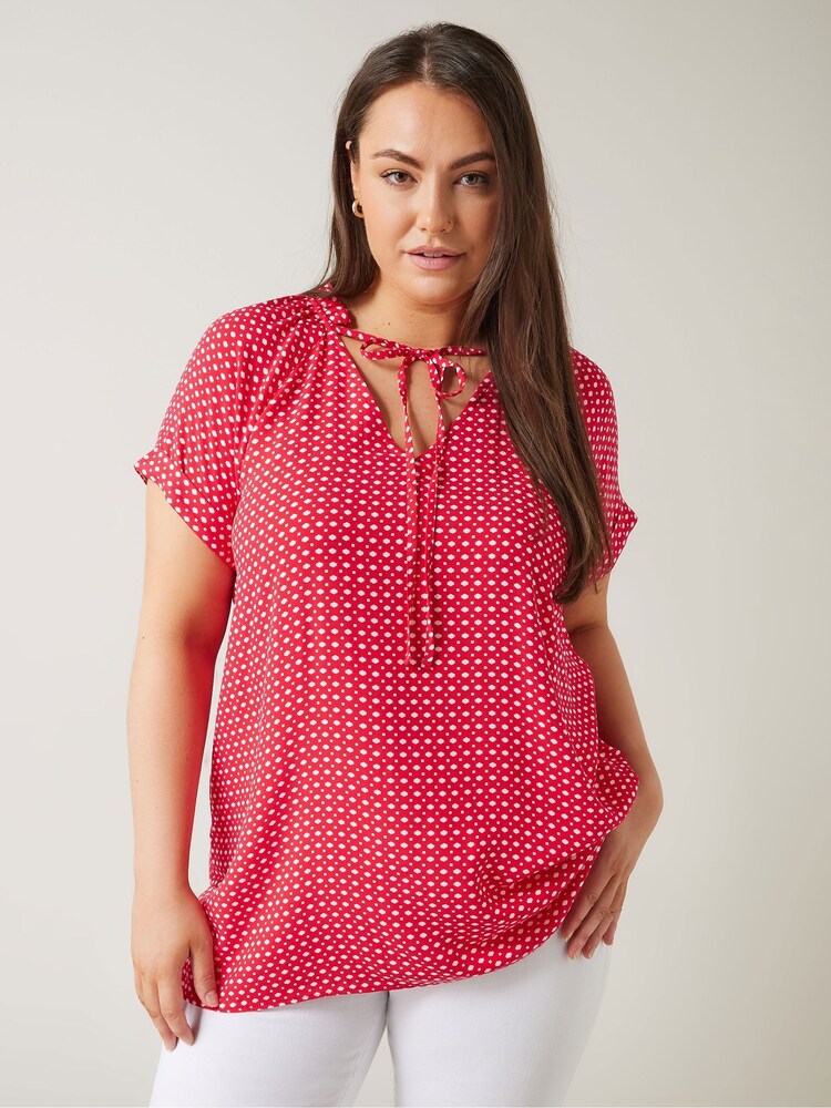 Rot - Evans Curve Dot Print Tie Neck Blouse - Bild 1 von 5