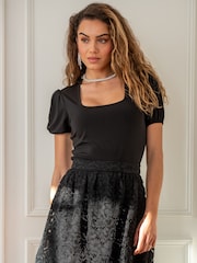 Pour Moi Black Birdie Square Neck Slinky Puff Sleeve Stretch Top - Image 1 of 4