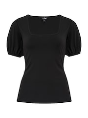 Pour Moi Black Birdie Square Neck Slinky Puff Sleeve Stretch Top - Image 3 of 4