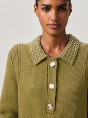 Olive Green Gem Embellished Collar Jumper - Image 4 of 6