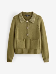 Olive Green Gem Embellished Collar Jumper - Image 5 of 6