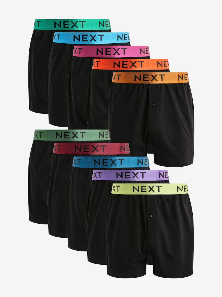 Black Metallic Blue/Green Waistband 10 pack 100% Cotton Boxers - Image 1 of 1