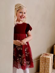 JoJo Maman Bébé Berry Pink Floral Embroidered Tulle Party Dress - Image 1 of 5