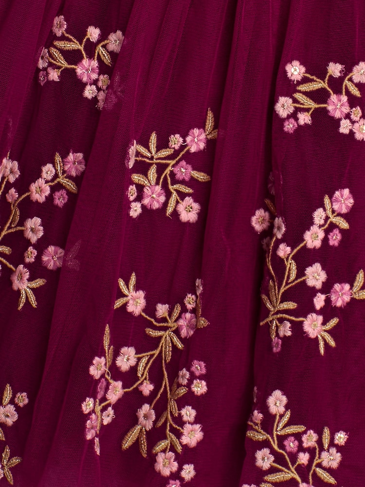 JoJo Maman Bébé Berry Pink Floral Embroidered Tulle Party Dress - Image 5 of 5