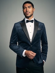 Navy Blue Patterned Velvet Blazer - Image 1 of 11