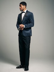 Navy Blue Patterned Velvet Blazer - Image 2 of 11