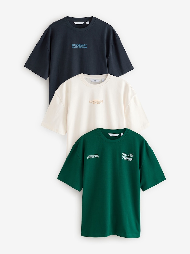 Navy/Ecru/Green Relaxed Fit Graphic Print Heavyweight 100% Cotton T-Shirt - Image 1 of 14
