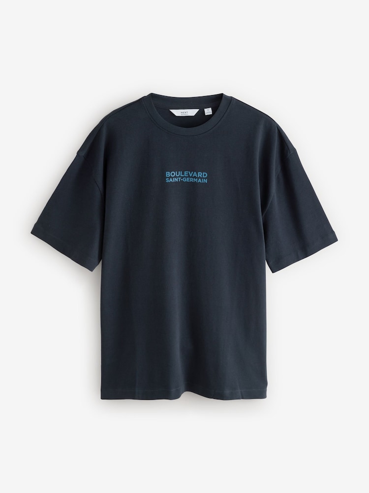 Navy/Ecru/Green Relaxed Fit Graphic Print Heavyweight 100% Cotton T-Shirt - Image 10 of 14