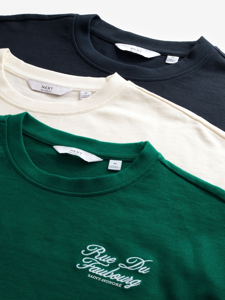 Navy/Ecru/Green Relaxed Fit Graphic Print Heavyweight 100% Cotton T-Shirt - Image 14 of 14