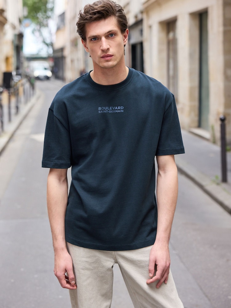 Navy/Ecru/Green Relaxed Fit Graphic Print Heavyweight 100% Cotton T-Shirt - Image 2 of 14