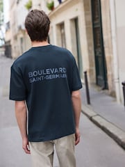 Navy/Ecru/Green Relaxed Fit Graphic Print Heavyweight 100% Cotton T-Shirt - Image 3 of 14