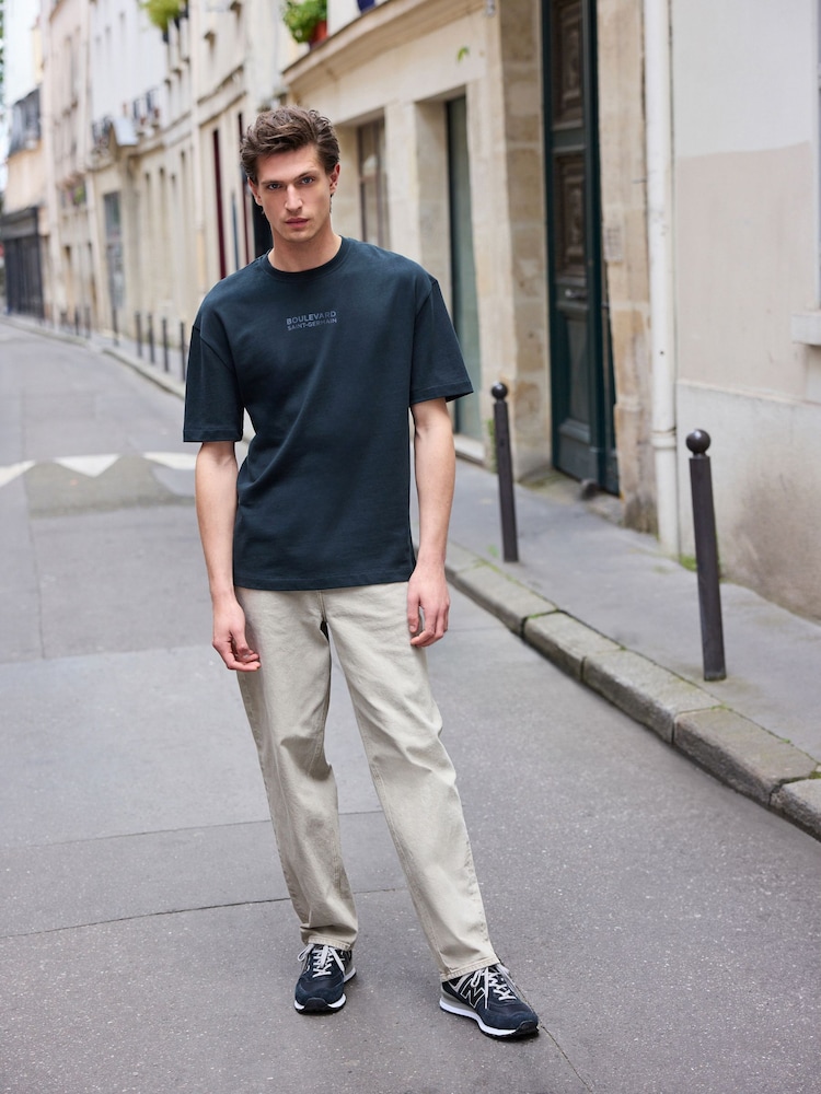 Navy/Ecru/Green Relaxed Fit Graphic Print Heavyweight 100% Cotton T-Shirt - Image 4 of 14