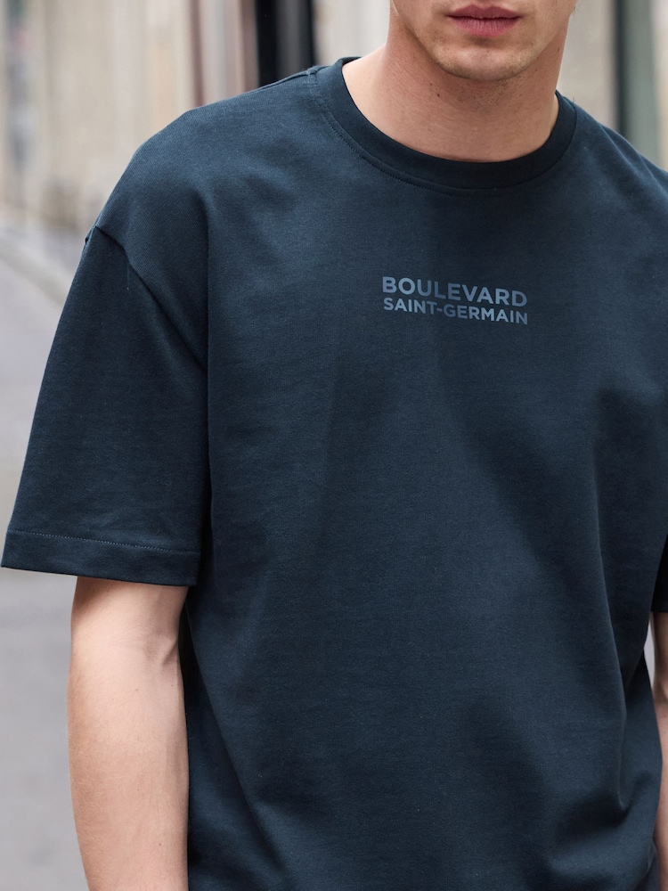 Navy/Ecru/Green Relaxed Fit Graphic Print Heavyweight 100% Cotton T-Shirt - Image 5 of 14