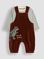 JoJo Maman Bébé Brown T-Rex Applique Velour Dungarees & Top Set - Image 1 of 6