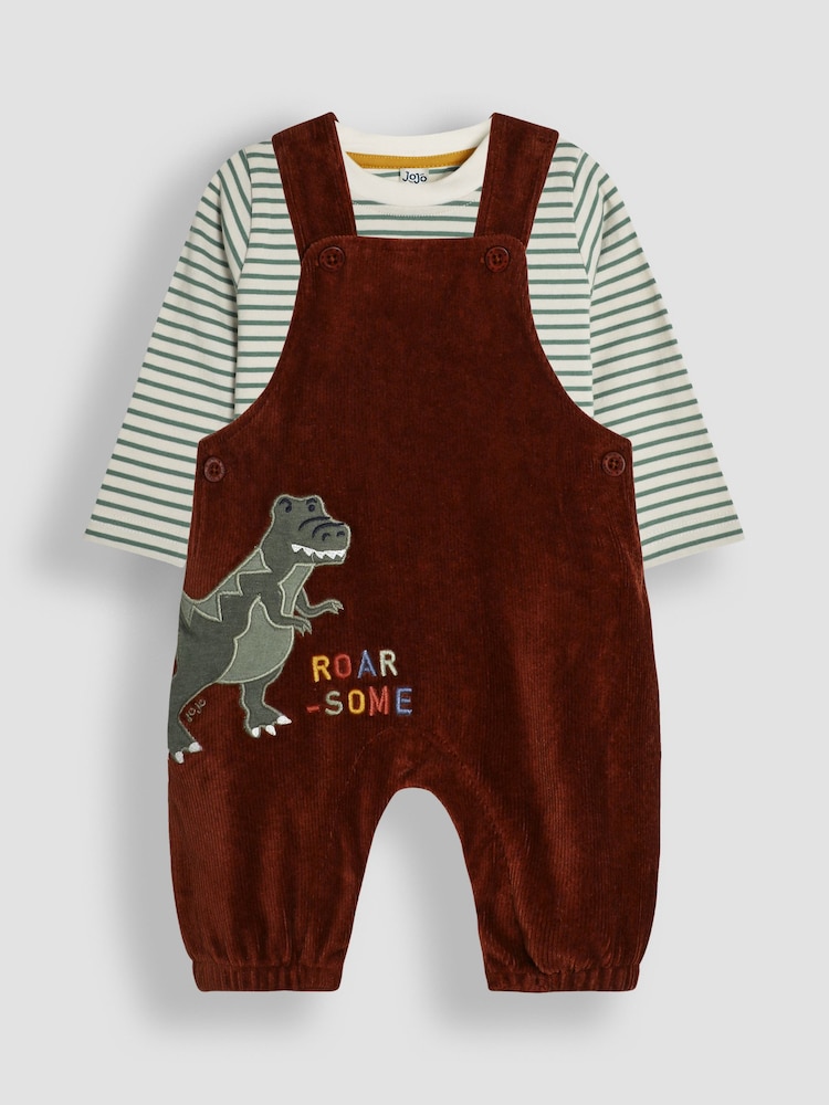 JoJo Maman Bébé Brown T-Rex Applique Velour Dungarees & Top Set - Image 1 of 6