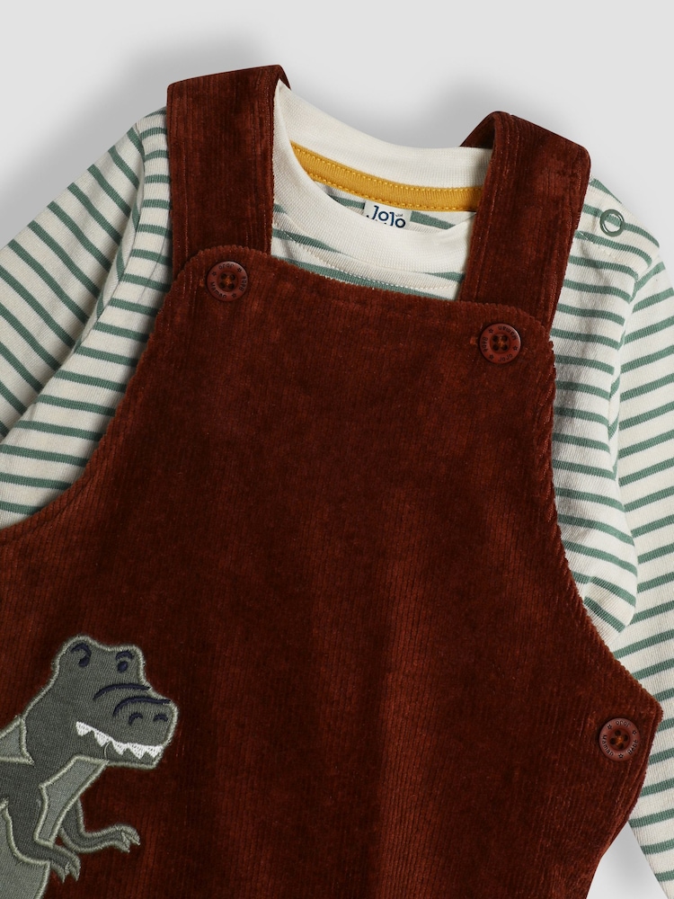 JoJo Maman Bébé Brown T-Rex Applique Velour Dungarees & Top Set - Image 6 of 6