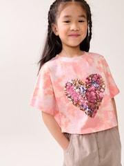Pink Tie Dye 100% Cotton Sequin Heart T-Shirt (3-16yrs) - Image 1 of 6