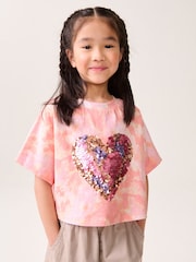 Pink Tie Dye 100% Cotton Sequin Heart T-Shirt (3-16yrs) - Image 2 of 6