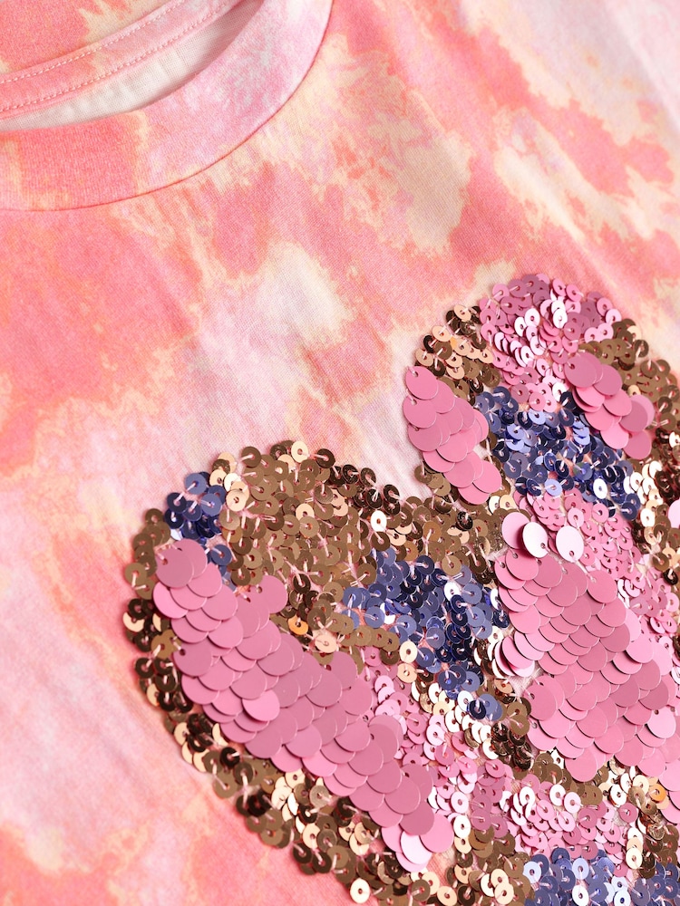 Pink Tie Dye 100% Cotton Sequin Heart T-Shirt (3-16yrs) - Image 6 of 6