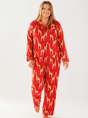 Chelsea Peers Red Curve Satin Giraffe Print Long Pyjama Set - Image 1 of 4