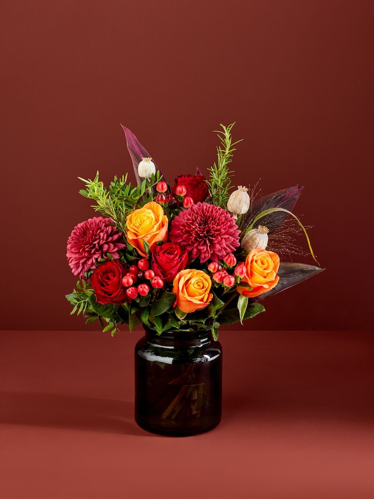 Red/Orange Bloom Chrysanthemum and Roses Fresh Flower Bouquet With Vase - Image 1 of 4