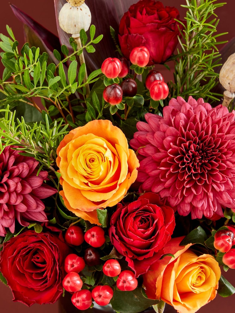 Red/Orange Bloom Chrysanthemum and Roses Fresh Flower Bouquet With Vase - Image 2 of 4