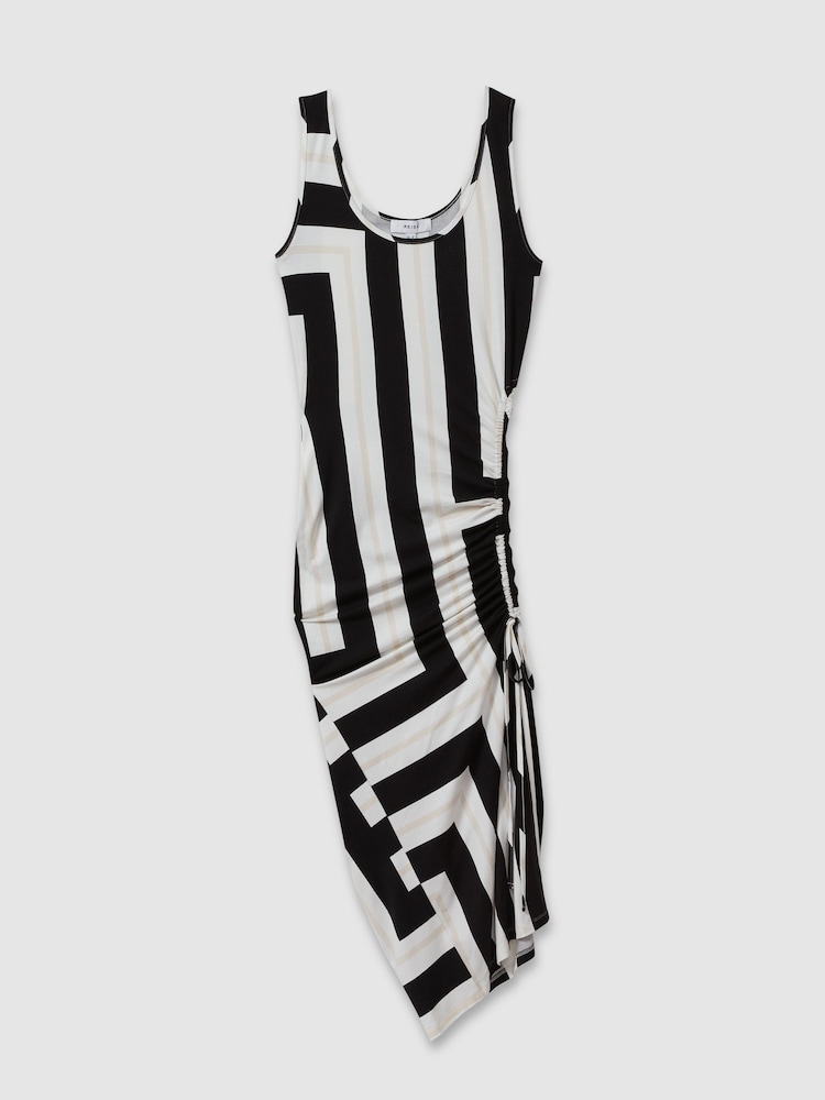 Reiss Black/White Serina Colourblock Ruched Bodycon Midi Dress - Image 2 of 5