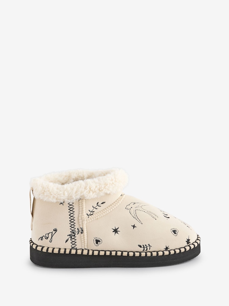 Never Fully Dressed Cream Embroidered Faux Suede Slipper Boots - Image 1 of 4