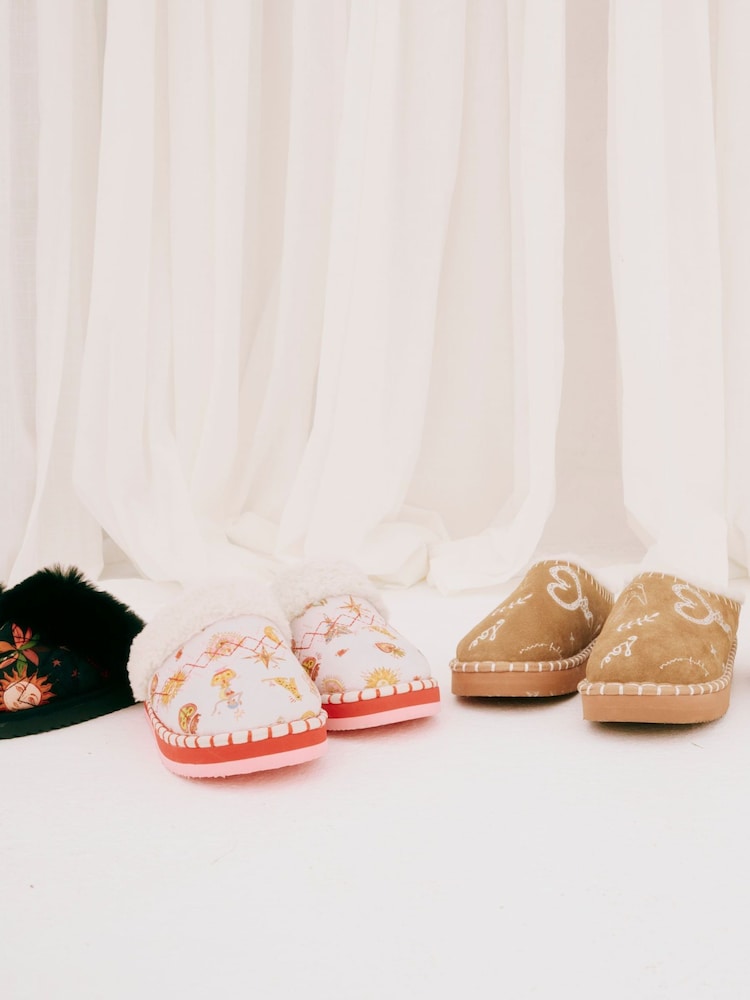 Never Fully Dressed Cream Embroidered Faux Suede Slipper Boots - Image 2 of 4