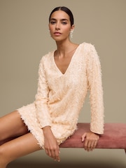 Pastel Pink Long Sleeve V-Neck Fringe Sequin Mini Dress - Image 1 of 9