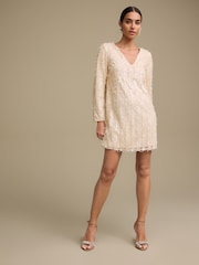 Pastel Pink Long Sleeve V-Neck Fringe Sequin Mini Dress - Image 2 of 9