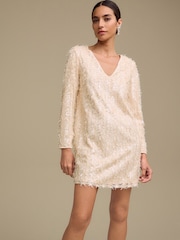 Pastel Pink Long Sleeve V-Neck Fringe Sequin Mini Dress - Image 3 of 9