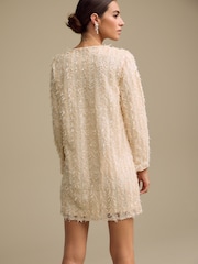 Pastel Pink Long Sleeve V-Neck Fringe Sequin Mini Dress - Image 4 of 9