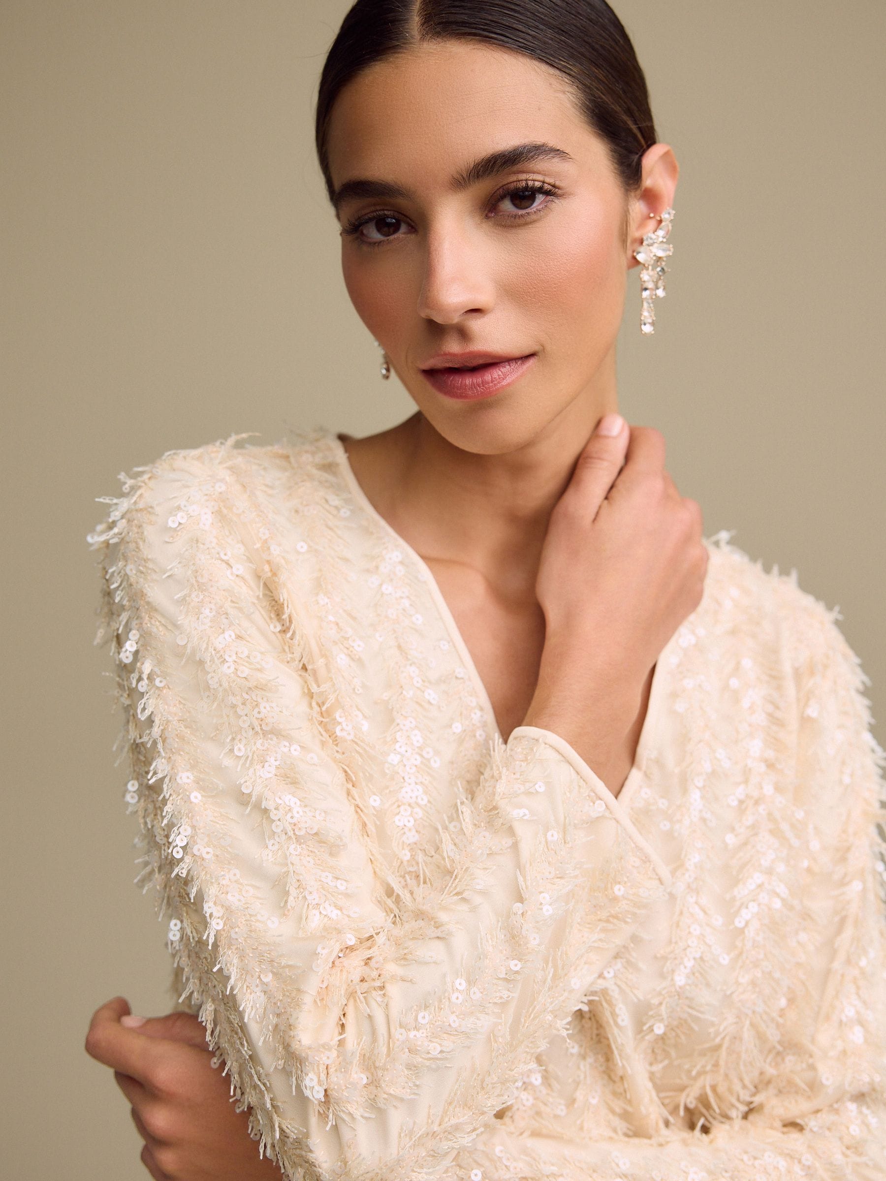 White dress with fringe sleeves on sale