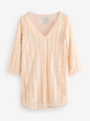 Pastel Pink Long Sleeve V-Neck Fringe Sequin Mini Dress - Image 6 of 9