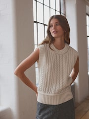 White Ecru 100% Lambswool Premium Sleeveless Cable Knitted Jumper Tank Vest Top - Image 1 of 8