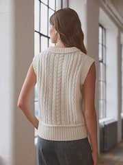 White Ecru 100% Lambswool Premium Sleeveless Cable Knitted Jumper Tank Vest Top - Image 3 of 8